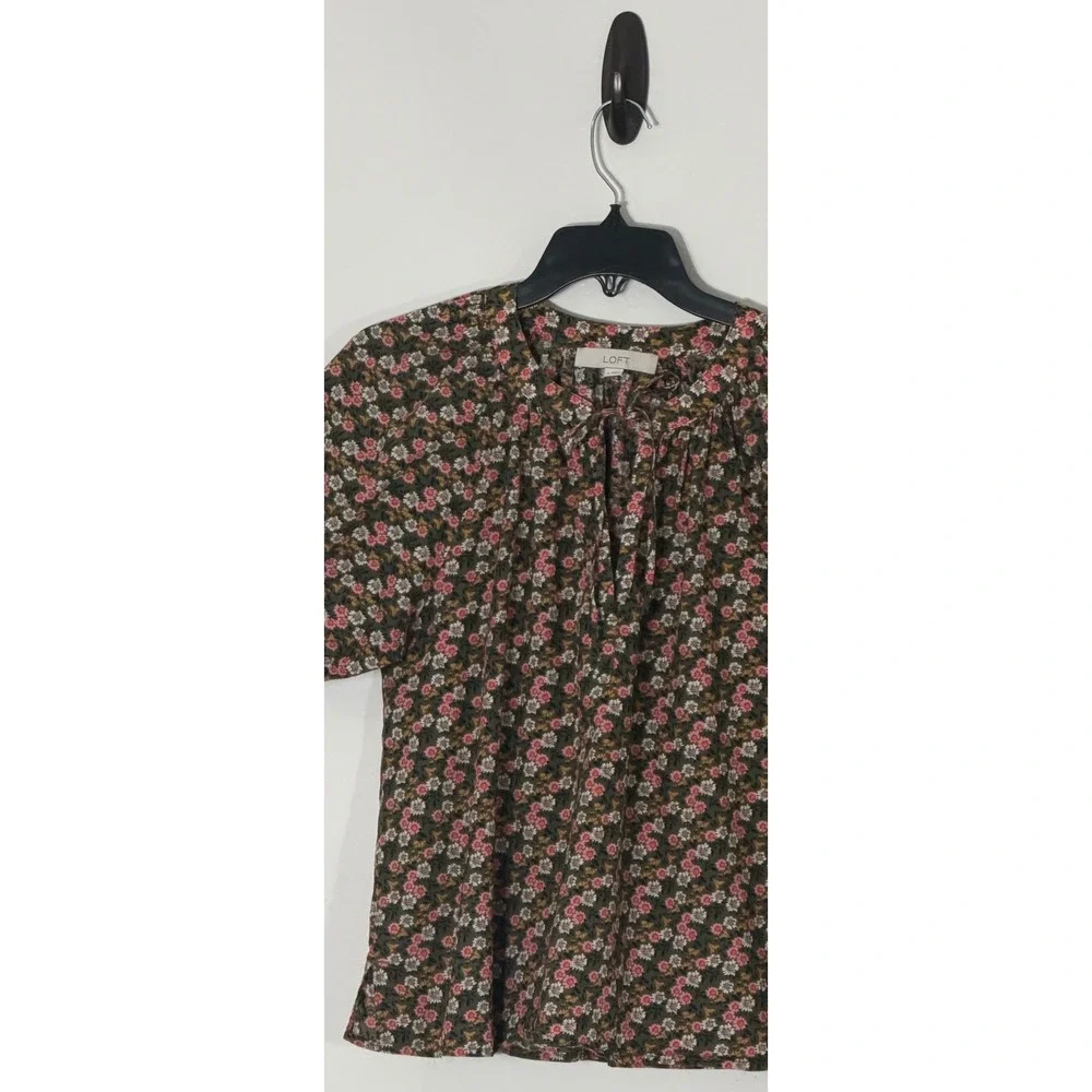 LOFT Womens Floral Tie Neck Puff Sleeve Blouse Olive Green Pink Small